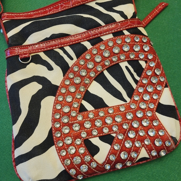 Source Unknown Handbags - Vintage Red Peace Purse Black and White Stripes with  Rhinestone Peace S…